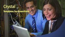  Presentation with digital lines swirls - PPT theme enhanced with technicians using digital tablet while analyzing server in server room background and a tawny brown colored foreground