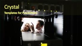  Presentation with team working together - Presentation theme consisting of technicians working together on server background and a wine colored foreground