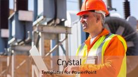  Presentation with electrician - Audience pleasing PPT theme consisting of technological blue - happy mature electrician using laptop backdrop and a coral colored foreground