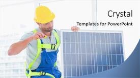  Presentation with solar panel - Beautiful presentation theme featuring technological blue - manual worker tightening solar panel backdrop and a white colored foreground