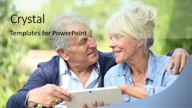  Presentation with smart connected environment - Colorful theme enhanced with technological blue - senior couple connected on digital backdrop and a  colored foreground