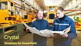  Presentation with manufacturing industry - Slide set having technologu - adult experienced industrial workers examining background and a tawny brown colored foreground