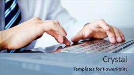  Presentation with laptop - Presentation theme enhanced with technology - businessman typing on his laptop background and a light blue colored foreground