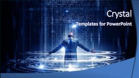  Presentation with spread - Cool new slide deck with technology - businessman with hands spread apart backdrop and a navy blue colored foreground