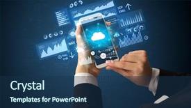  Presentation with financial - Colorful presentation enhanced with technology - female hand using smartphone backdrop and a ocean colored foreground