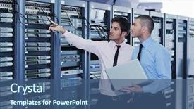  Presentation with server - Cool new slide deck with technology - group of young business people backdrop and a ocean colored foreground