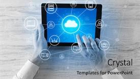  Presentation with storage - Colorful presentation theme enhanced with technology - hand touching tablet with cloud backdrop and a seafoam green colored foreground