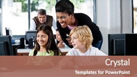  Presentation with school technology - Presentation theme having technology - happy female teacher assisting schoolchildren background and a coral colored foreground