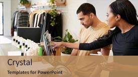  Presentation with working woman - Beautiful theme featuring technology - man and woman working behind backdrop and a coral colored foreground