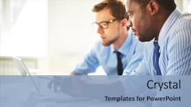  Presentation with young man holdng laptop on lap money - Beautiful presentation theme featuring technology - man pointing at laptop backdrop and a light blue colored foreground