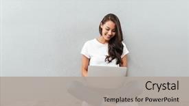  Presentation with laptop - Colorful PPT theme enhanced with technology - smiling asian woman typing backdrop and a light gray colored foreground