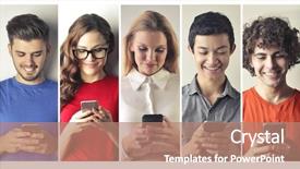  Presentation with smart - PPT theme consisting of technology - smiling people using smart phones background and a coral colored foreground