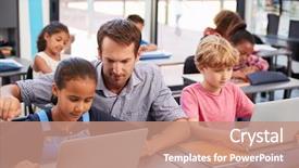  Presentation with technology students - PPT theme enhanced with technology - teacher helping young students using background and a coral colored foreground