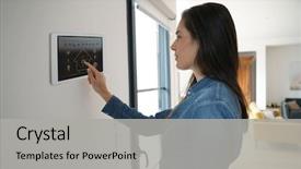  Presentation with smart home - Beautiful presentation theme featuring technology - woman using smart wall home backdrop and a light gray colored foreground
