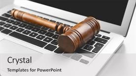  Presentation with judge gavel or law hammer - PPT layouts with criminal justice technology - wooden judge's gavel on laptop background and a light gray colored foreground