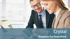  Presentation with report - Cool new slide set with technology - young businesswoman explaining report backdrop and a ocean colored foreground