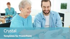  Presentation with caregiver - Audience pleasing presentation design consisting of technology - young caregiver teaching senior woman backdrop and a teal colored foreground