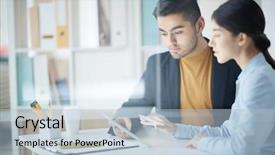  Presentation with employee - Presentation theme featuring technology - young employee looking at touchpad background and a light blue colored foreground