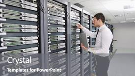  Presentation with datacenter - Amazing theme having technology - young handsome business man engeneer backdrop and a gray colored foreground