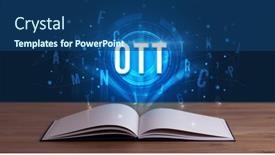  Presentation with open book - Amazing PPT theme having technology-abbreviation-coming-out backdrop and a ocean colored foreground