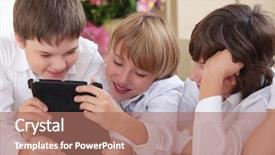  Presentation with addiction - PPT theme having technology addiction - cute group of boys playing background and a coral colored foreground