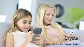  Presentation with together - Cool new PPT theme with technology addiction - young girls playing together backdrop and a soft green colored foreground