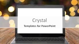  Presentation with laptop blank screen - Slides with technology and advertisement concept - laptop computer with blank white screen on wooden table over christmas lights background background and a white colored foreground