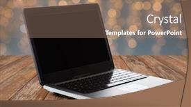  Presentation with laptop blank screen - Colorful theme enhanced with technology and advertisement concept - laptop computer with blank black screen on wooden table over christmas lights background backdrop and a coral colored foreground