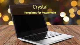  Presentation with laptop blank screen - PPT theme featuring technology and advertisement concept - laptop computer with blank black screen on wooden table over christmas lights background background and a tawny brown colored foreground