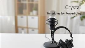  Presentation with home office - PPT theme enhanced with technology-and-audio-equipment-concept background and a mint green colored foreground