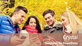  Presentation with season - Audience pleasing slide deck consisting of cell phone app - season people technology and friendship backdrop and a coral colored foreground