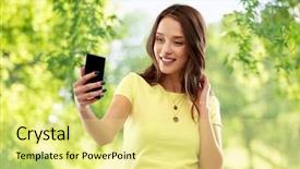  Presentation with green technology - Beautiful PPT theme featuring technology and people concept - smiling backdrop and a blonde colored foreground