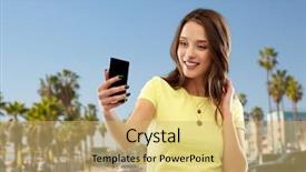  Presentation with teenage girl - Colorful PPT theme enhanced with technology and people concept - smiling backdrop and a  colored foreground