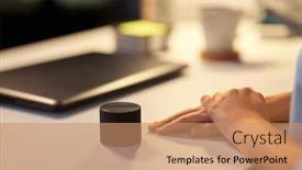  Presentation with speaker - Beautiful PPT theme featuring technology-and-people-concept-close backdrop and a coral colored foreground