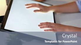  Presentation with touch screen technology - PPT theme featuring technology-and-people-concept-hands background and a gray colored foreground