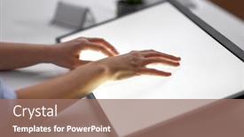  Presentation with touch screen technology - Presentation design consisting of technology-and-people-concept-hands background and a coral colored foreground