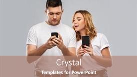  Presentation with smartphones - Amazing slide set having technology and people concept - happy couple in white t-shirts with smartphones over grey background backdrop and a coral colored foreground