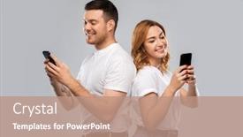  Presentation with smartphones - PPT theme with technology-and-people-concept-happy background and a coral colored foreground