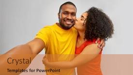  Presentation with couple kiss - Beautiful PPT layouts featuring technology-and-people-concept-happy backdrop and a gold colored foreground