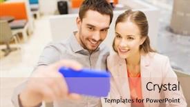  Presentation with people mall - Slide deck with technology and people concept - happy couple taking selfie with smartphone in mall or cafe background and a coral colored foreground