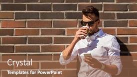  Presentation with people street - Audience pleasing PPT theme consisting of technology and people concept - young man in sunglasses with smartphone drinking coffee on city street backdrop and a tawny brown colored foreground