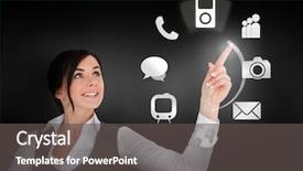  Presentation with interface - Presentation design consisting of technology aplicaton - businesswoman using circle interface background and a  colored foreground