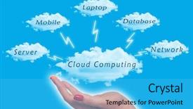  Presentation with cloud computing security - Cool new PPT theme with technology aplicaton - cloud computing diagram with woman backdrop and a cyan colored foreground