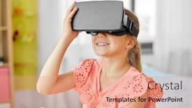  Presentation with augmented reality - Slide set having technology augmented reality and entertainment concept - girl with virtual headset or vr glasses playing at home background and a coral colored foreground