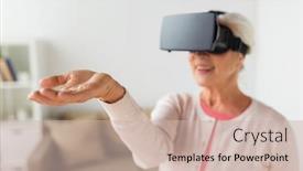  Presentation with augmented reality - Theme with technology augmented reality entertainment and people concept - senior woman with virtual headset or 3d glasses at home background and a soft green colored foreground