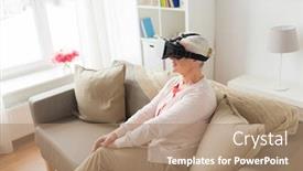  Presentation with augmented reality - PPT theme consisting of technology augmented reality entertainment and people concept - senior woman with virtual headset or 3d glasses at home background and a coral colored foreground