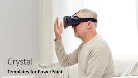  Presentation with augmented reality - Slides featuring technology augmented reality gaming entertainment and people concept - senior man with virtual headset or 3d glasses playing videogame at home background and a light gray colored foreground