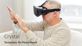  Presentation with augmented reality - Audience pleasing slides consisting of technology augmented reality gaming entertainment and people concept - senior man with virtual headset or 3d glasses playing videogame at home backdrop and a soft green colored foreground