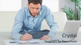  Presentation with social distancing - Cool new slide deck with technology banking - serious casual man writing backdrop and a light blue colored foreground