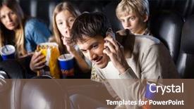  Presentation with movie cinema or theater audience - Audience pleasing PPT theme consisting of technology behavoir - annoyed family looking at man backdrop and a coral colored foreground